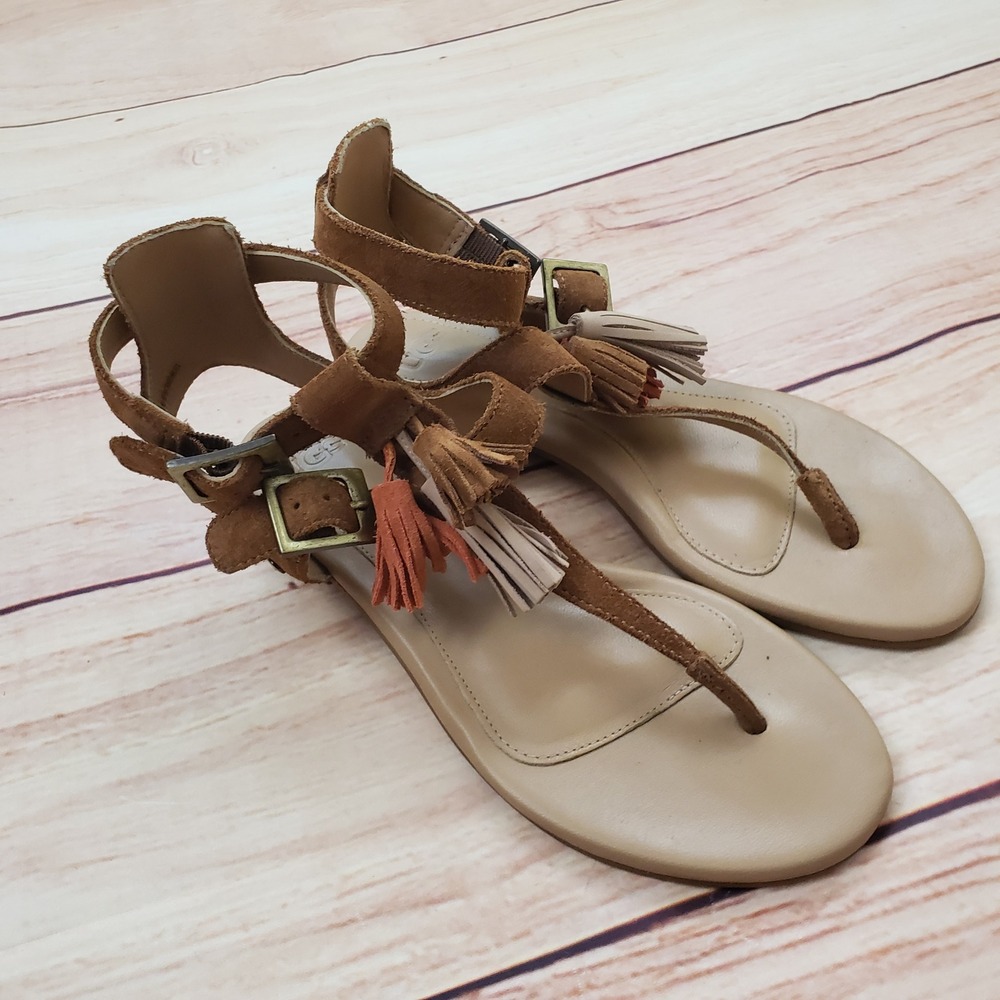 UGG Sandals Womens 6 Brown Kari Chestnut Suede Tassel Gladiator Thong‎ 1015053